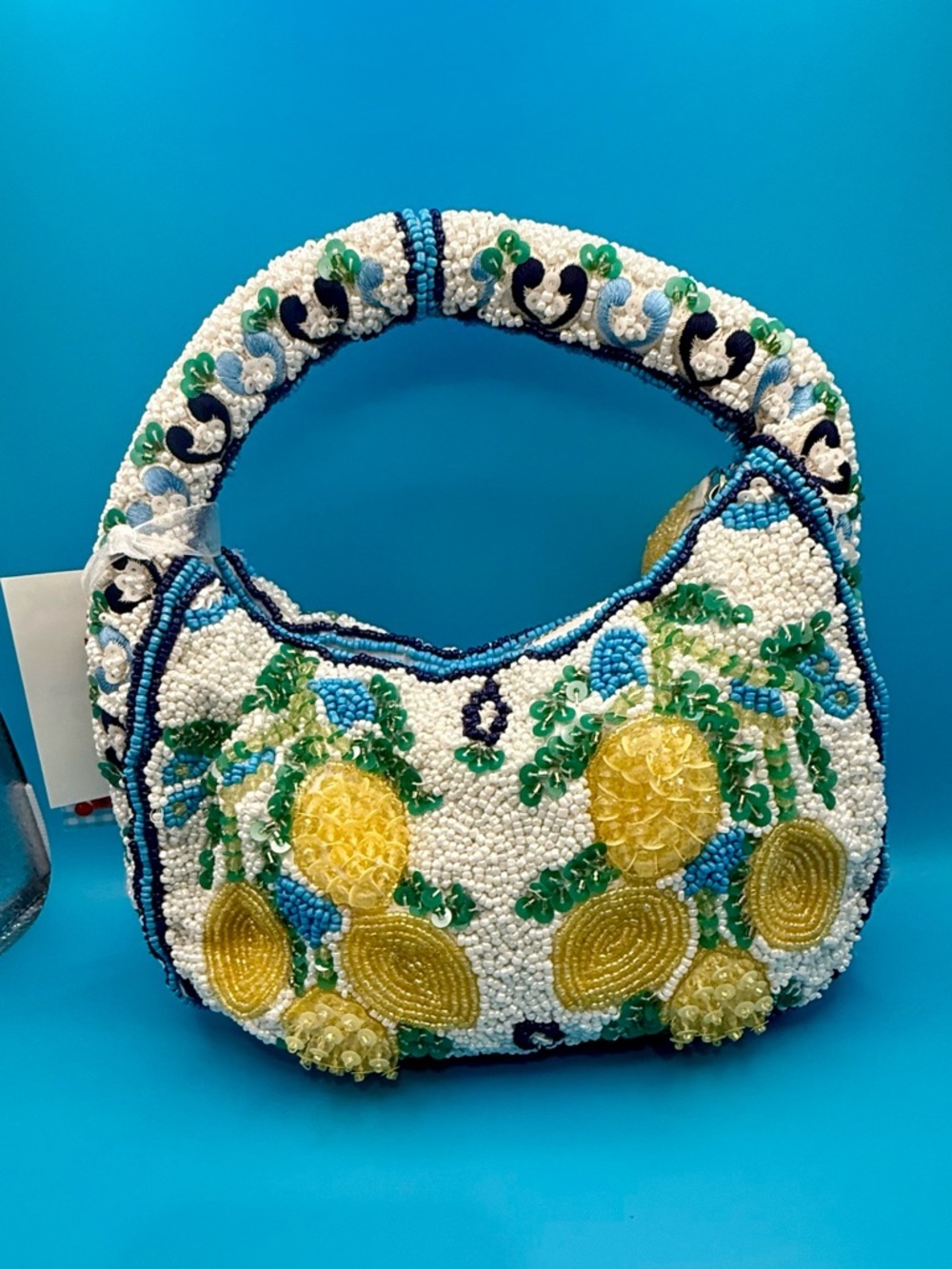 Made in India White Beaded Mini Bag with Yellow Lemon Key Charm - Picture 5 of 5